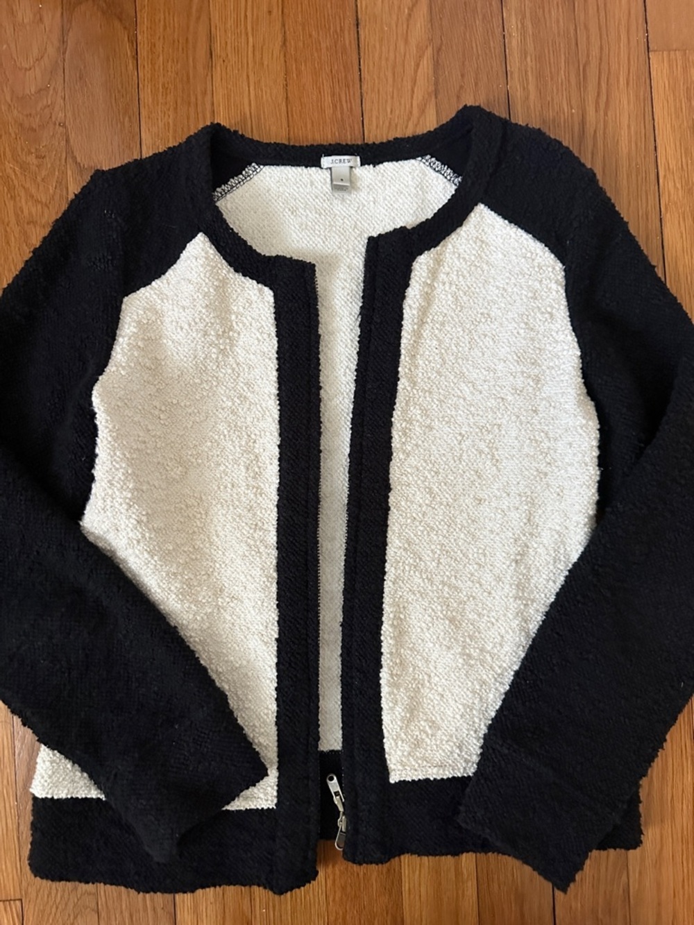 J. Crew Black and White Bouclé Zip Cardigan